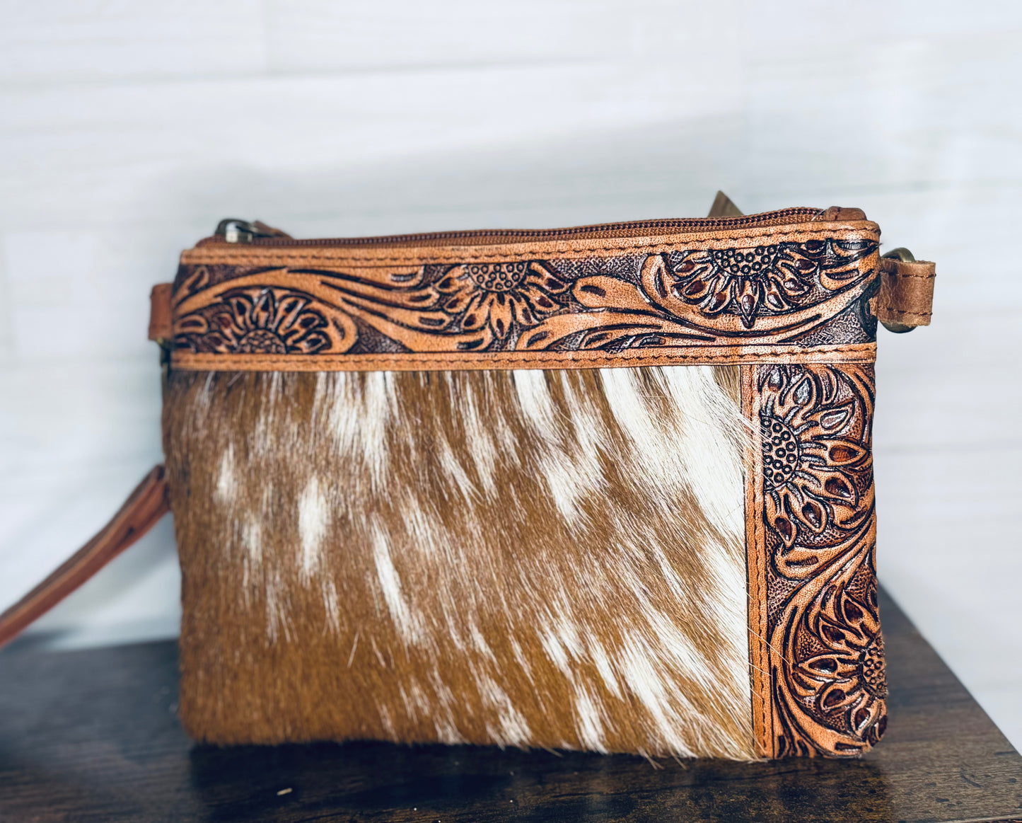 sunflower tooled crossbody/wristlet  - with cowhide