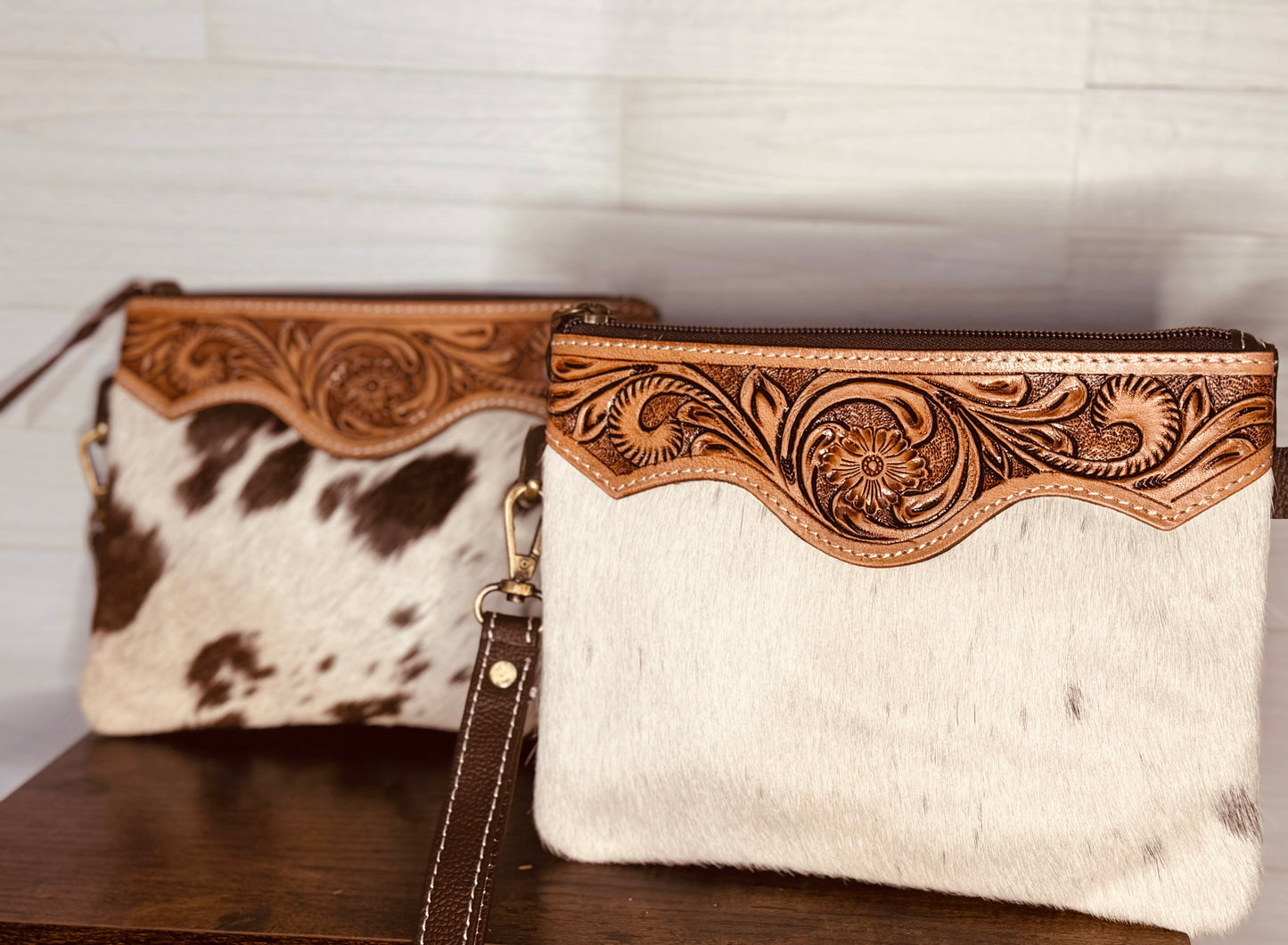 black and white cowhide tooled crossbody/wristlet