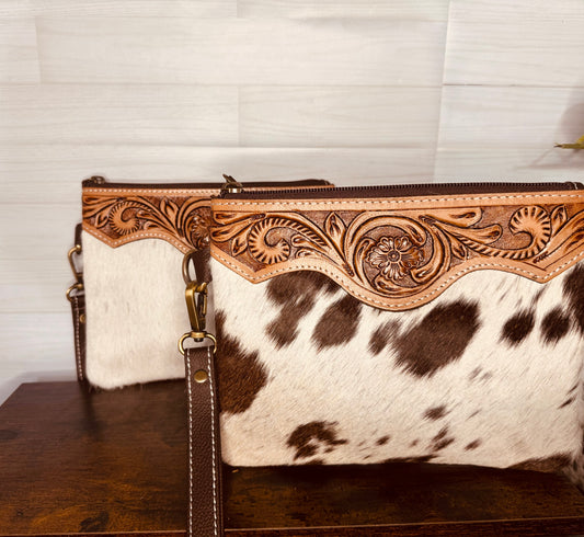 black and white cowhide tooled crossbody/wristlet